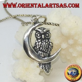 Silver pendant owl on the left half moon