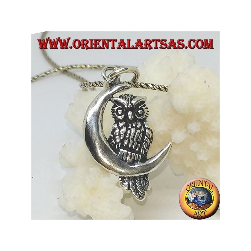 Pendentif hibou en argent sur la demi-lune gauche