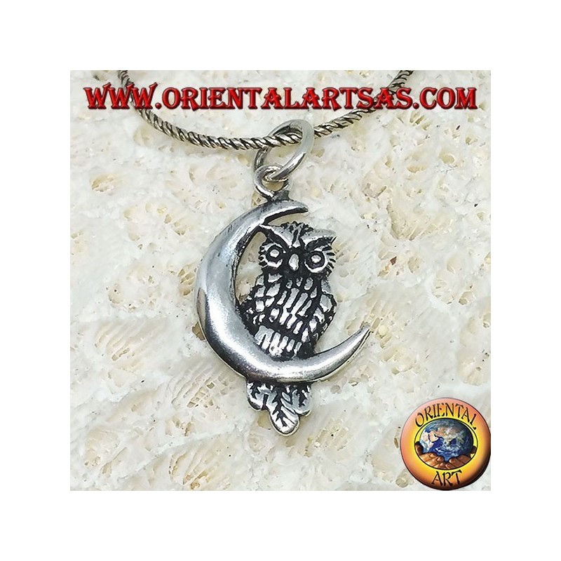 Pendentif hibou en argent sur la demi-lune gauche