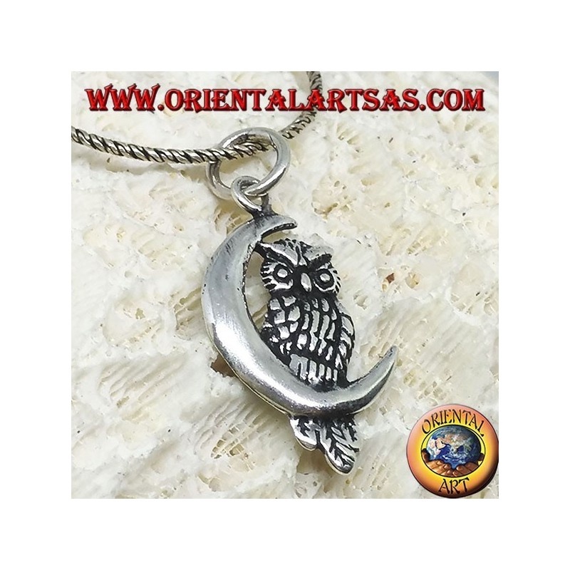 Silver pendant owl on the left half moon