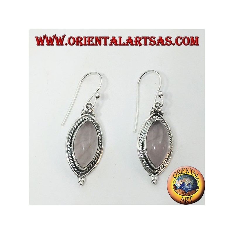 Silver earrings with a braid around a shuttle rose quartz