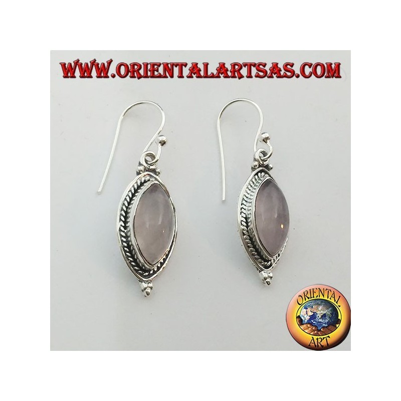 Silver earrings with a braid around a shuttle rose quartz