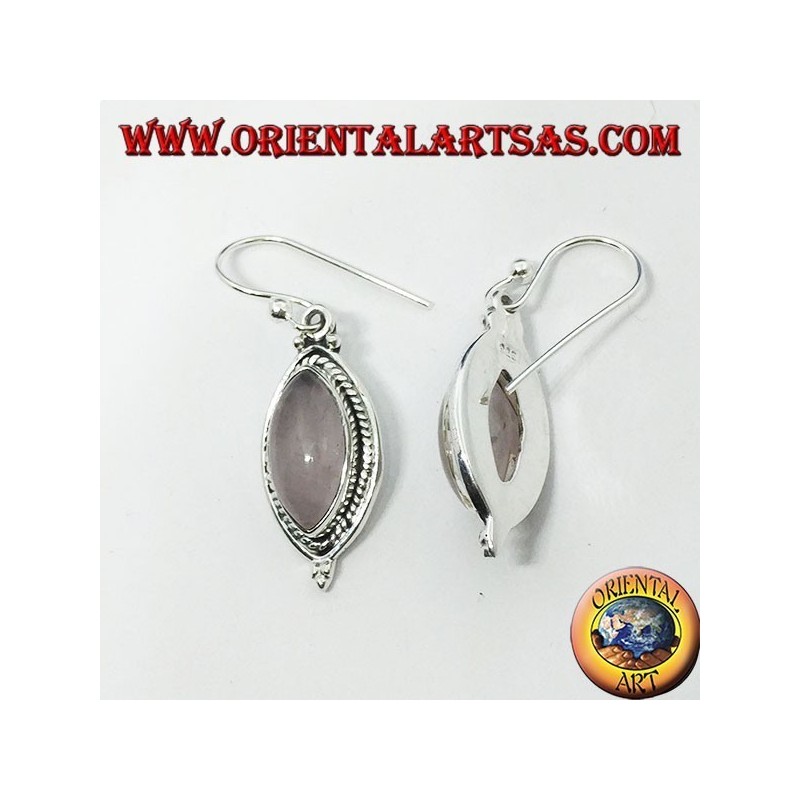 Silver earrings with a braid around a shuttle rose quartz