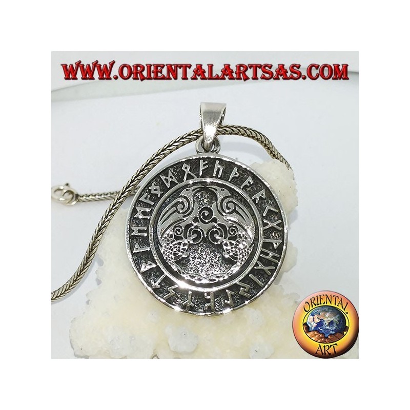Silver pendant Huginn and Muninn (the ravens of Odin) with the runes around
