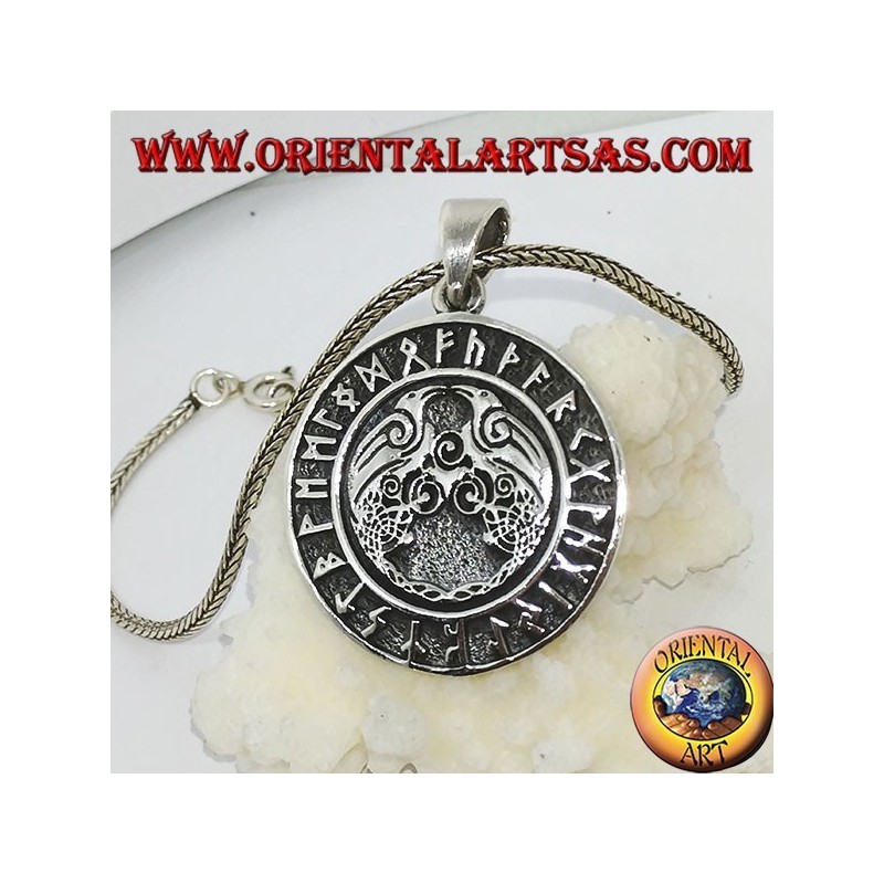 Silver pendant Huginn and Muninn (the ravens of Odin) with the runes around