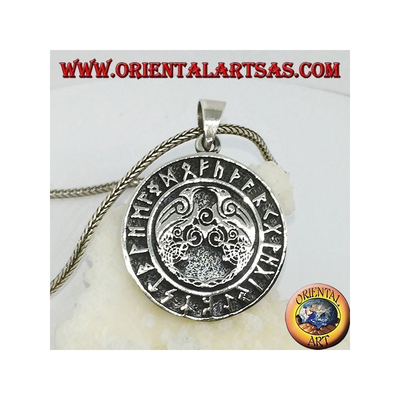 Silver pendant Huginn and Muninn (the ravens of Odin) with the runes around