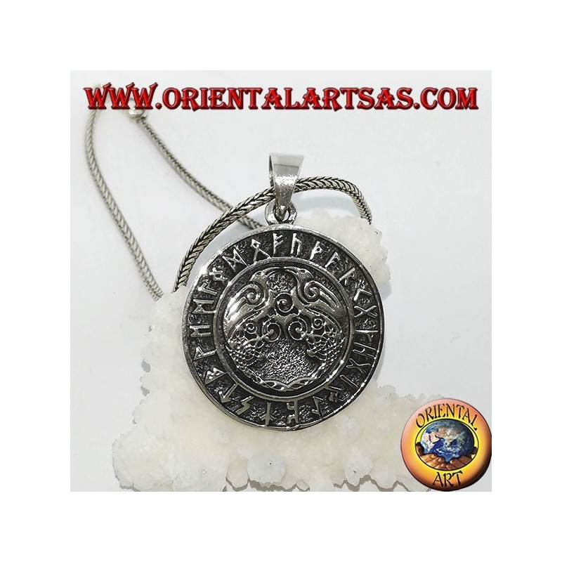 Silver pendant Huginn and Muninn (the ravens of Odin) with the runes around