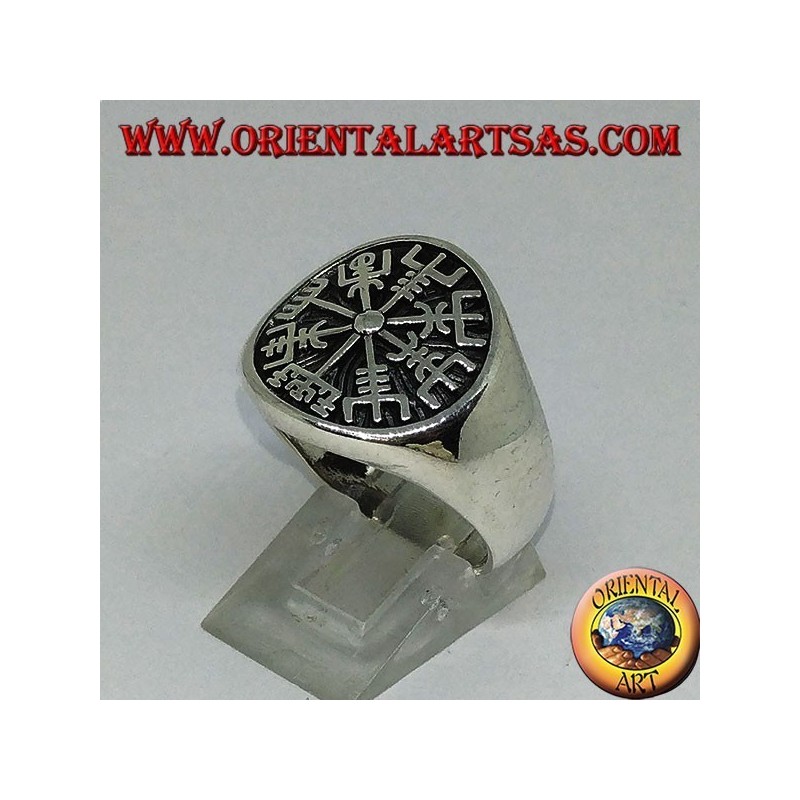 Bague en argent Vegvísir sceau compas runique ou compas runique