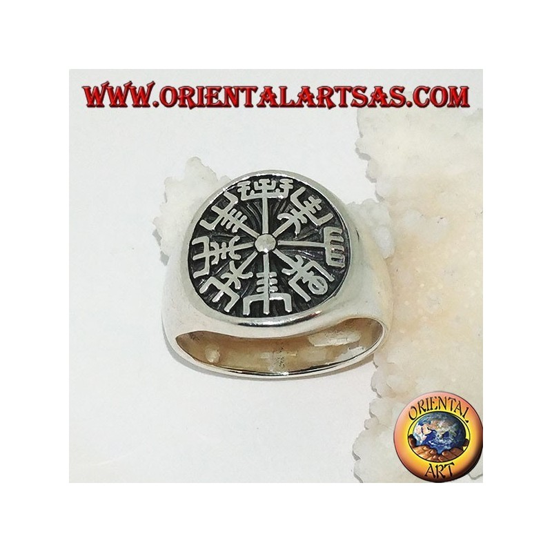 Anillo de plata sello Vegvísir brújula rúnica o brújula rúnica