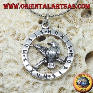 Silver pendant for the ravens of Odin Huginn and Muninn surrounded by runes