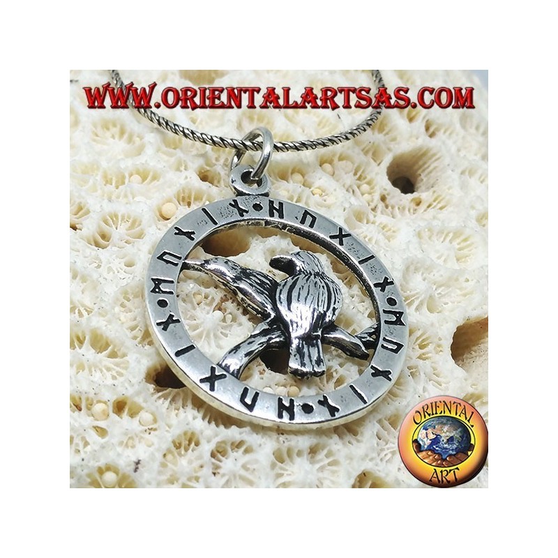 Silver pendant for the ravens of Odin Huginn and Muninn surrounded by runes