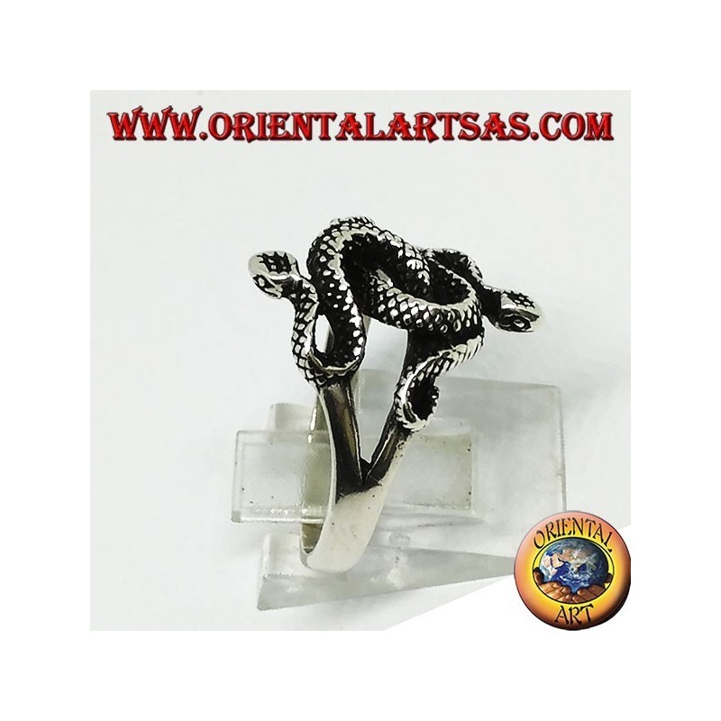 Silver ring with two twisted cobras (medium)