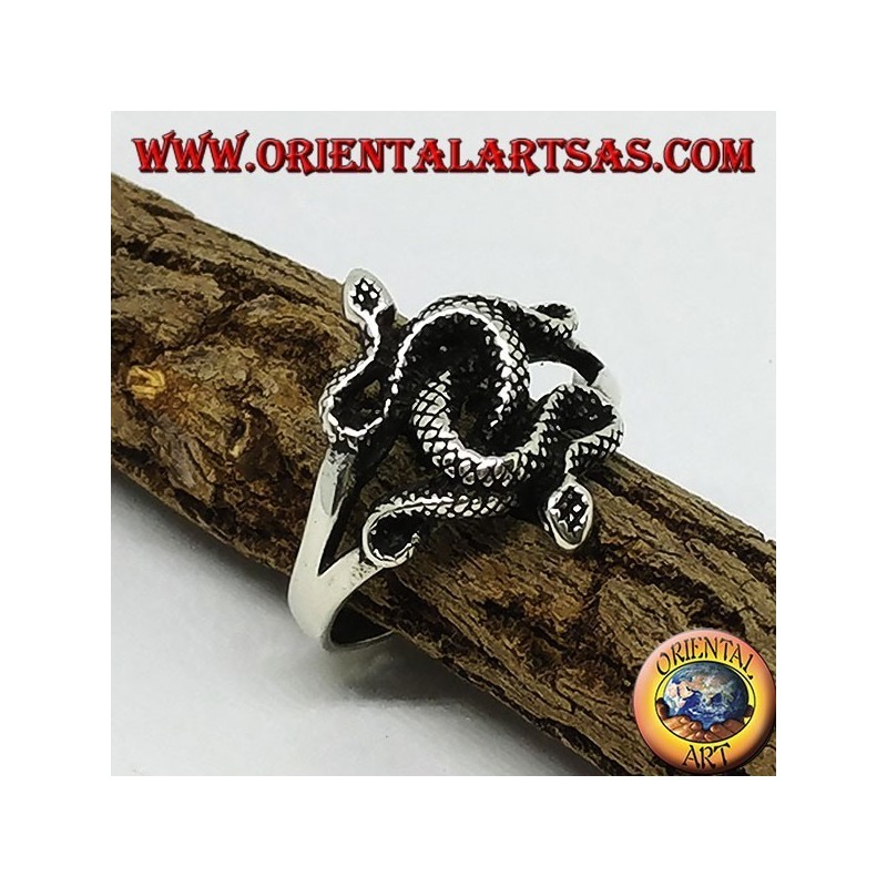 Silver ring with two twisted cobras (medium)