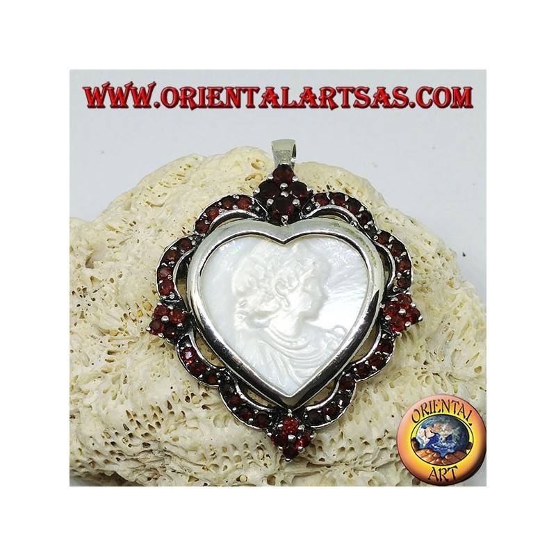 Silver heart pendant brooch with mother of pearl cameo surrounded by garnets