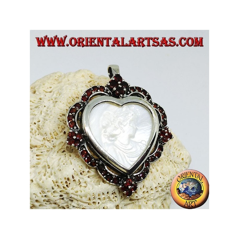 Silver heart pendant brooch with mother of pearl cameo surrounded by garnets