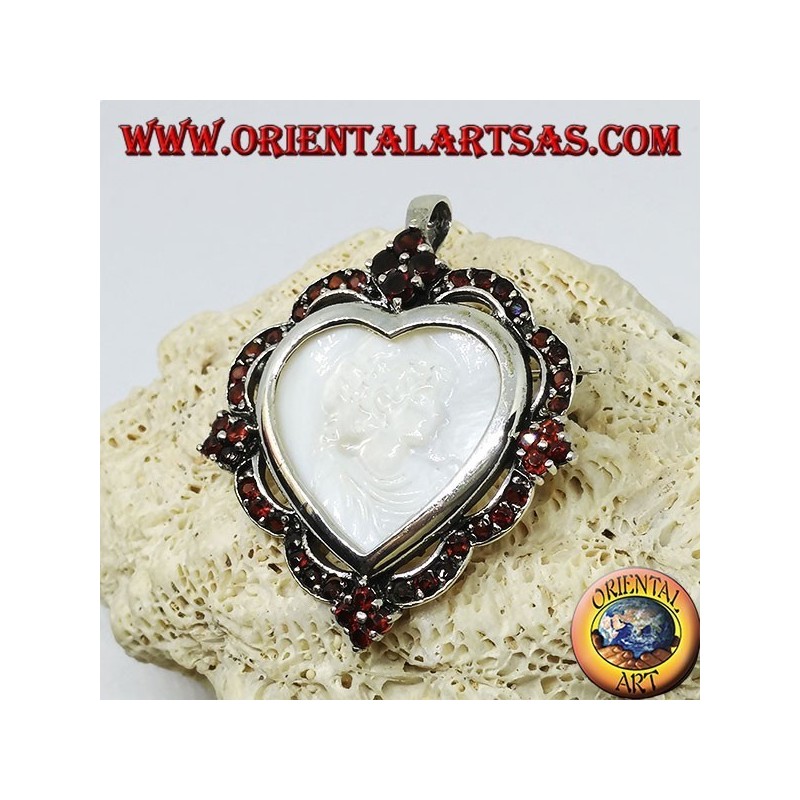 Silver heart pendant brooch with mother of pearl cameo surrounded by garnets