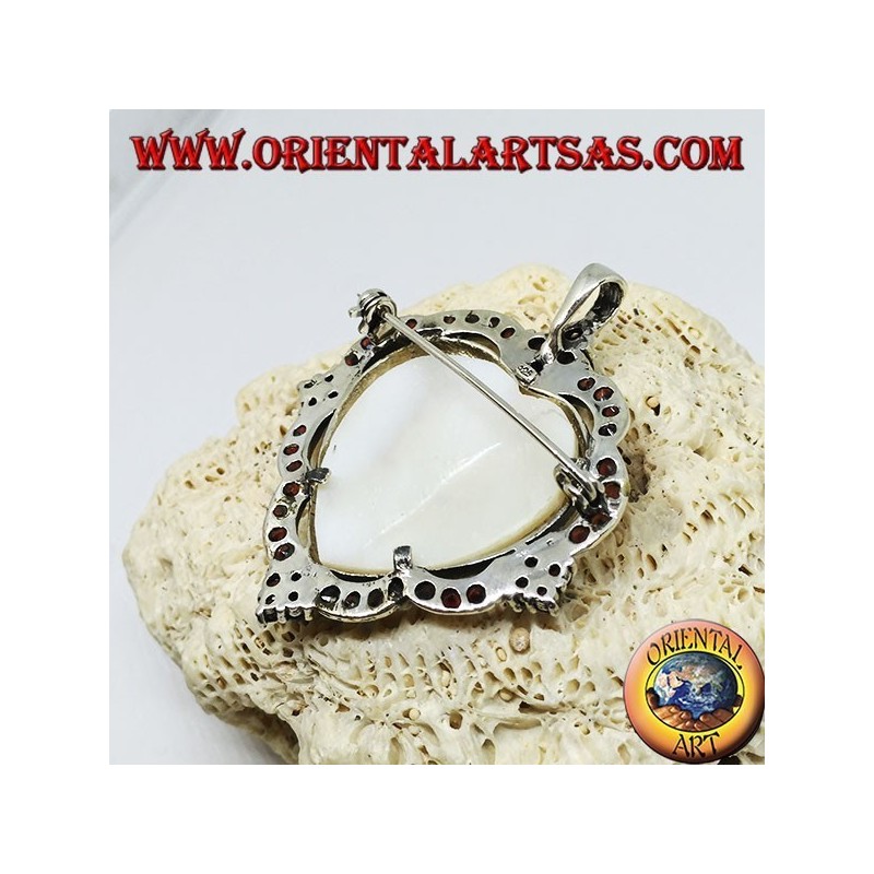 Silver heart pendant brooch with mother of pearl cameo surrounded by garnets