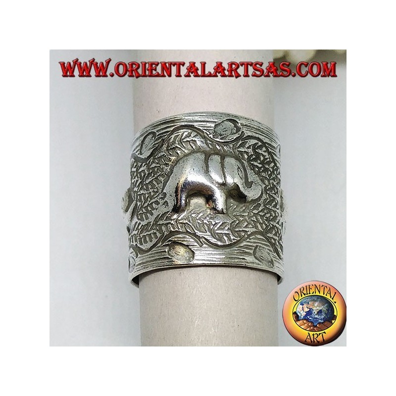 Silver band ring with elephants hand-chiseled by the Karen