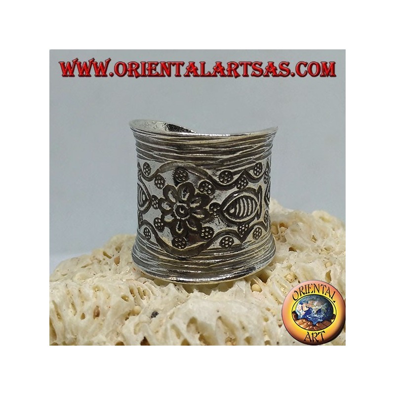 Silver band ring with flower and hand chiseled fish by the Karen