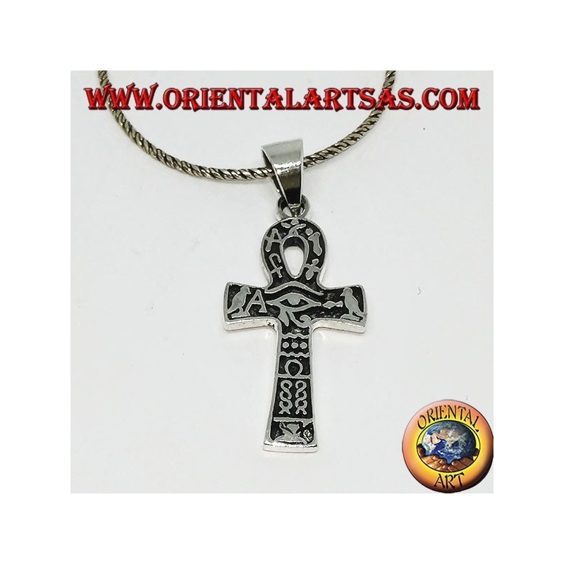 Silver pendant with ankh eye, horus eye and hieroglyphics (medium)