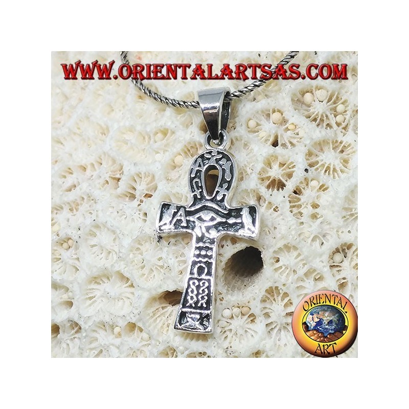 Amuleto in Argento Croce Ankh, Occhio di Horus e Geroglifici Protettivi