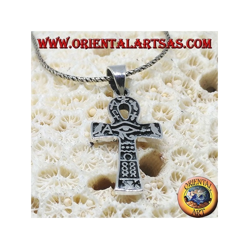 Amuleto in Argento Croce Ankh, Occhio di Horus e Geroglifici Protettivi
