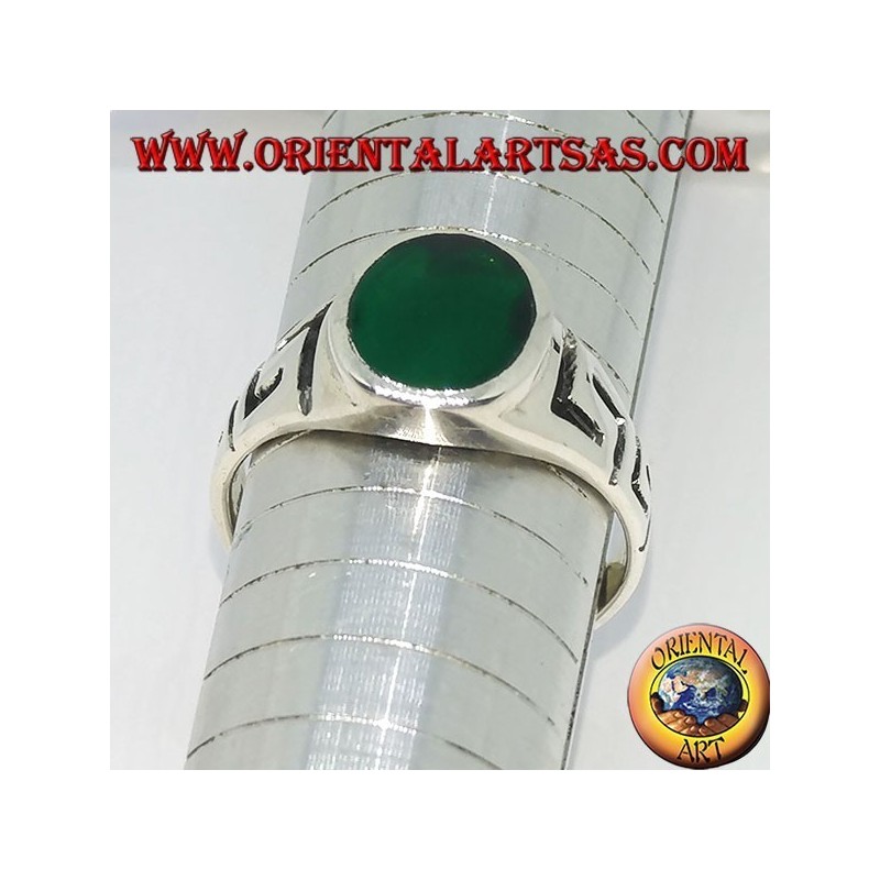 Silver ring with carved Greek ed   oval green agate
