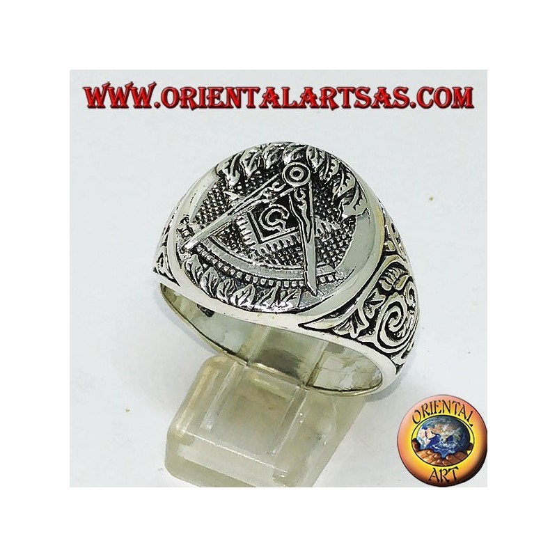 anillo de plata, símbolo masón equipo brújula y G