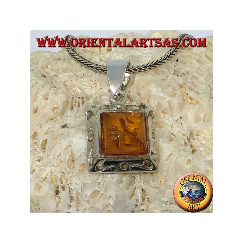 Silver pendant with a square amber and carved edge