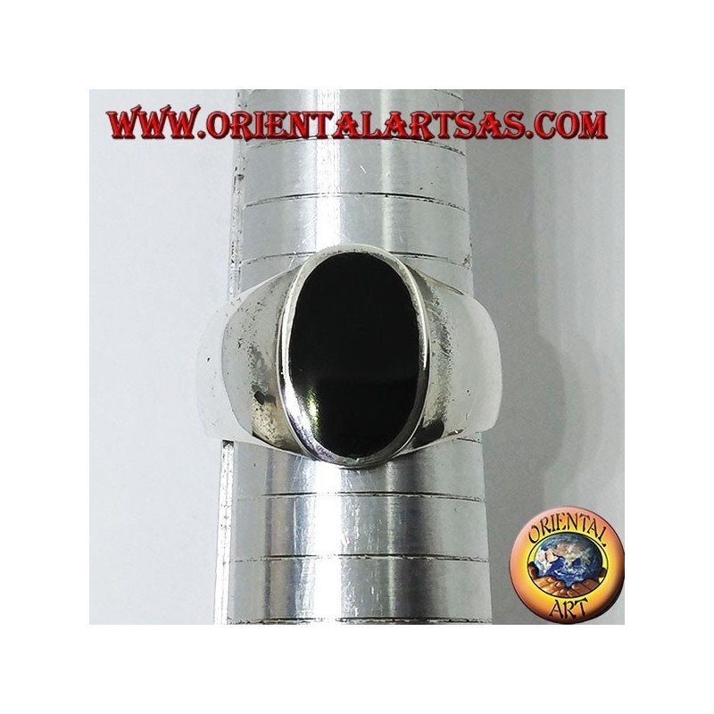 Silver ring with flat oval onyx flush with the edge