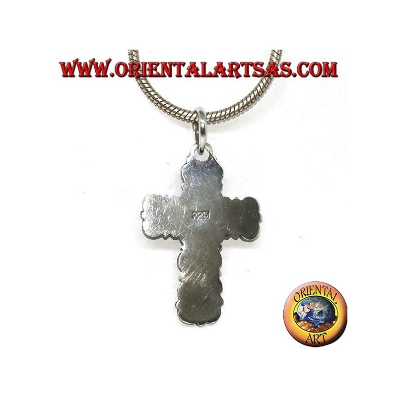 Pendentif croix en argent avec pierre de lune (adularia) et décorations baroques