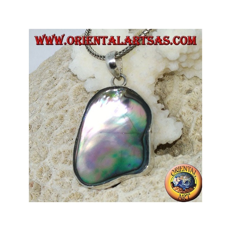 Pendant in irregular silver with concave paua shell (abalone)