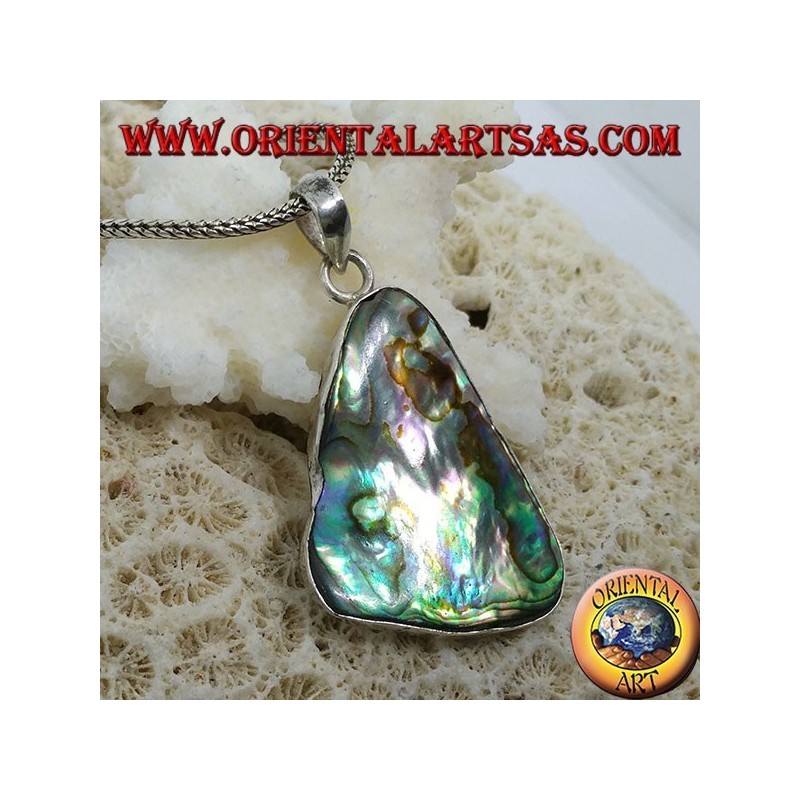Silver pendant in the shape of an irregular triangle with paua shell (abalone)