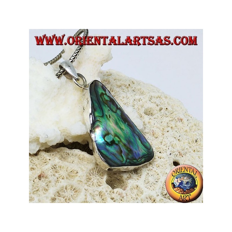 Silver pendant in the shape of an irregular triangle with paua shell (abalone)