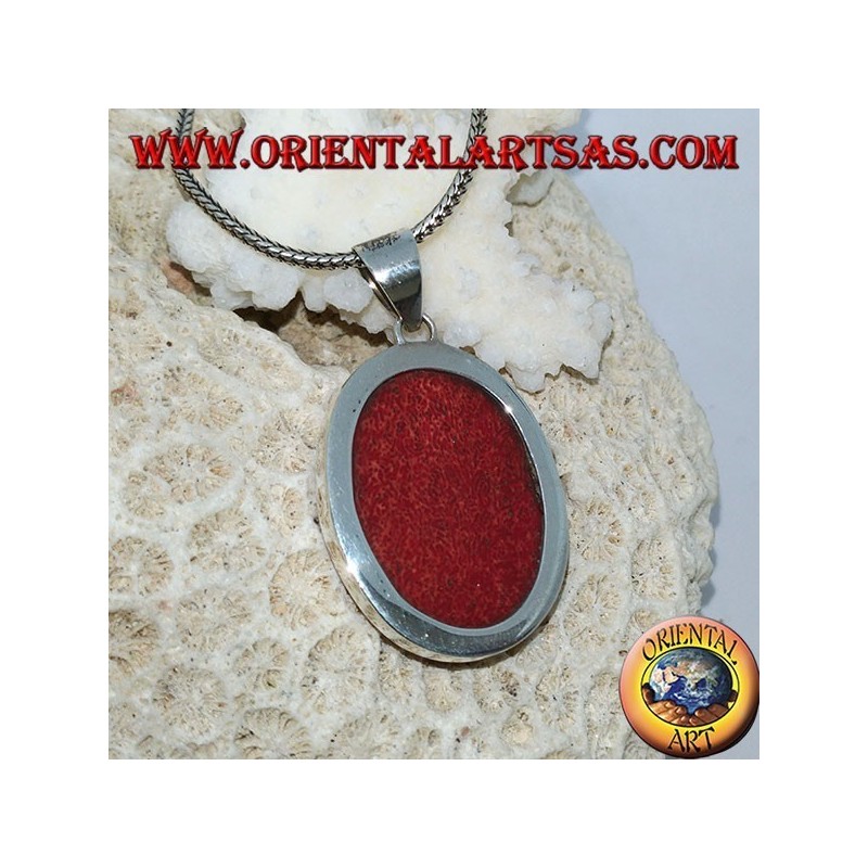 Silver pendant with oval red madrepora