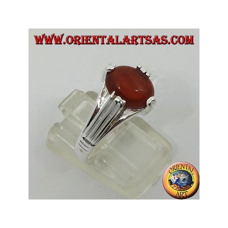 Silver ring with oval-shaped carnelian on four points