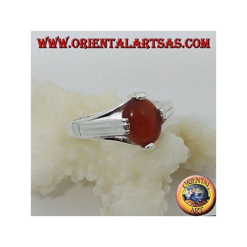 Silver ring with oval-shaped carnelian on four points