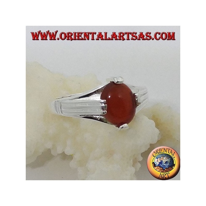 Silver ring with oval-shaped carnelian on four points