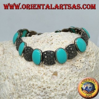 Pulseras de plata engastadas con turquesa ovalada y marcasita.