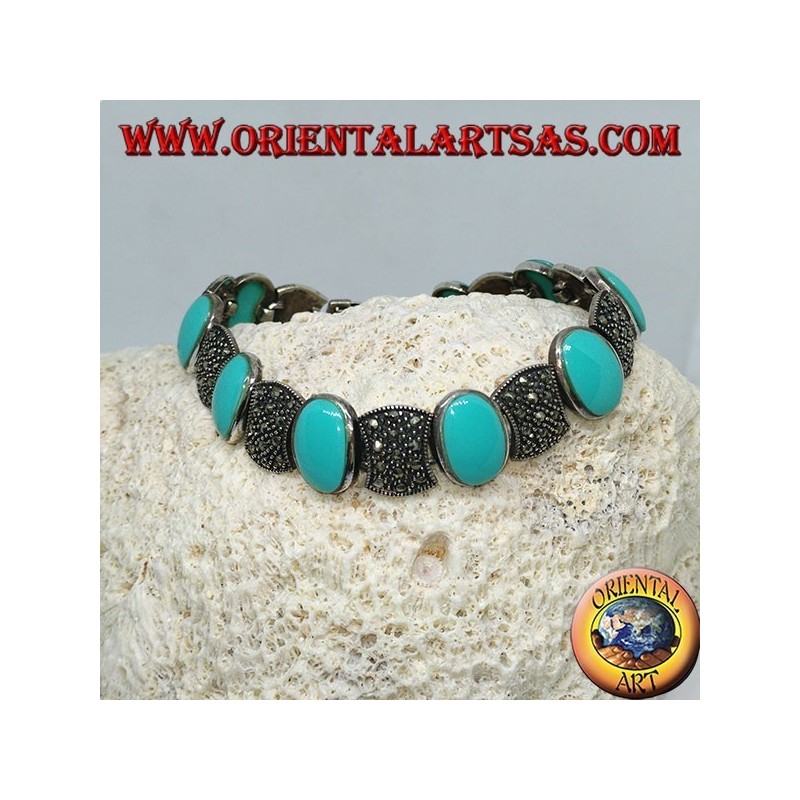 Silver bracelets set with oval turquoise and marcasite