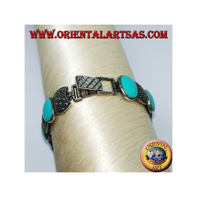 Silver bracelets set with oval turquoise and marcasite