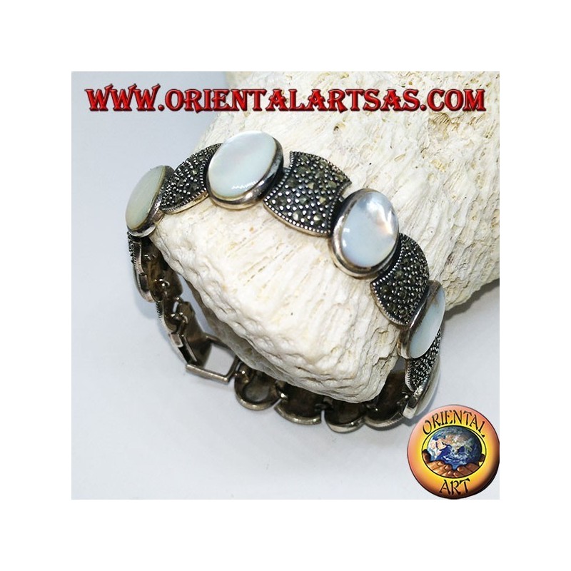 Silver bracelets, set with oval mother-of-pearl and marcasite