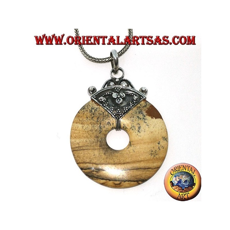 Pendentif en argent avec beignet de jaspe "paesina" de mm. 35