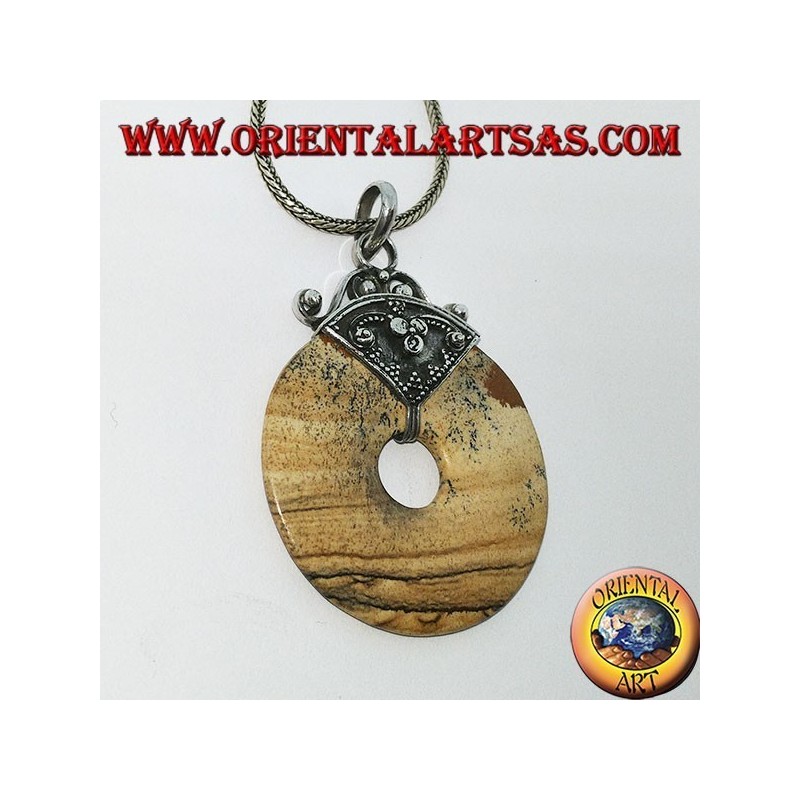 Ciondolo in argento con ciambella di diaspro paesina di mm. 35