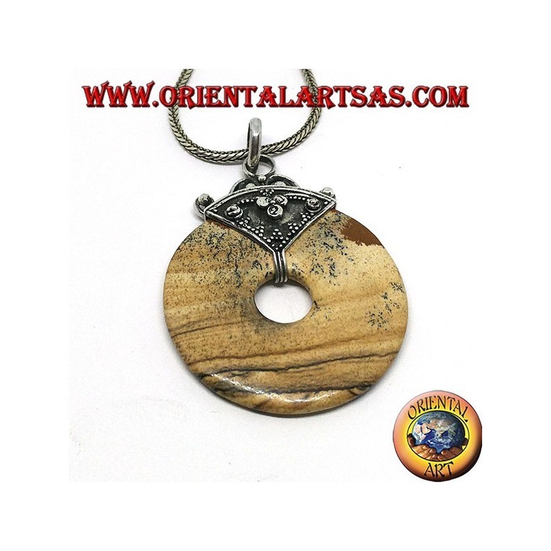 Ciondolo in argento con ciambella di diaspro paesina di mm. 35