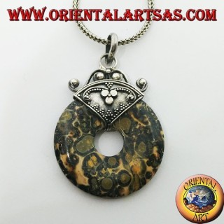 Colgante de plata con jaspe moteado verde en forma de rosquilla de mm. 30