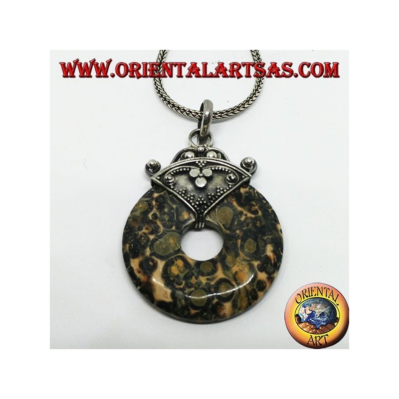 Silver pendant with green speckled jasper in the shape of a donut of mm. 30