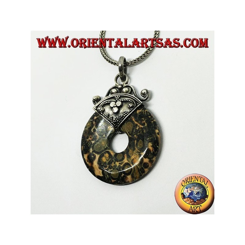 Ciondolo in argento con diaspro verde maculato a forma di ciambella di mm. 30