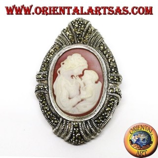 Silver brooch and pendant with a mother cameo and a child surrounded by marcasites
