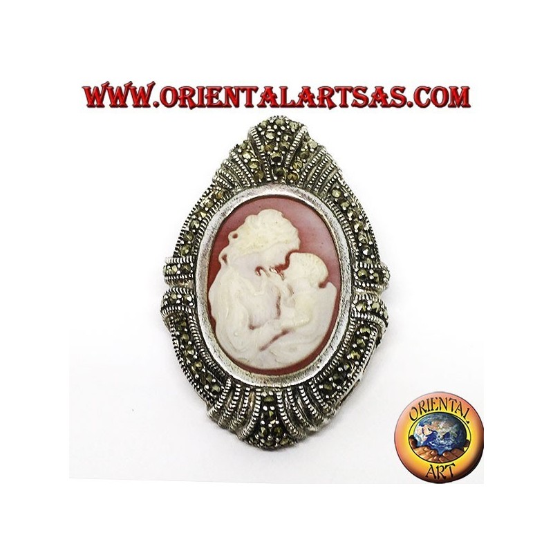 Silver brooch and pendant with a mother cameo and a child surrounded by marcasites